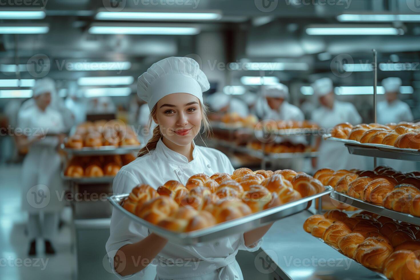 AI generated young professional female baker holding tray with buns in large modern bakery photo