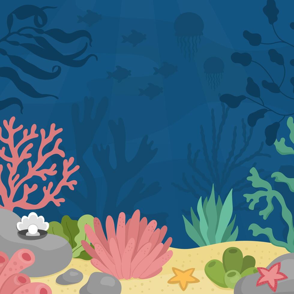 Vector under the sea landscape illustration. Ocean life scene with sand, seaweeds, stones, corals, reefs. Cute square water nature background. Aquatic picture for kids
