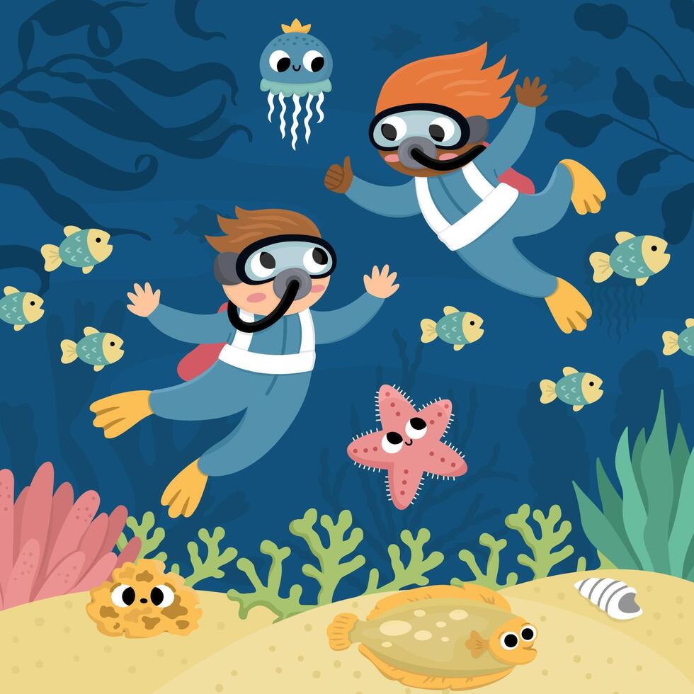 Vector under the sea landscape illustration with kid divers. Ocean life scene with sand, seaweeds, corals, reefs. Cute square water nature background. Aquatic picture for children