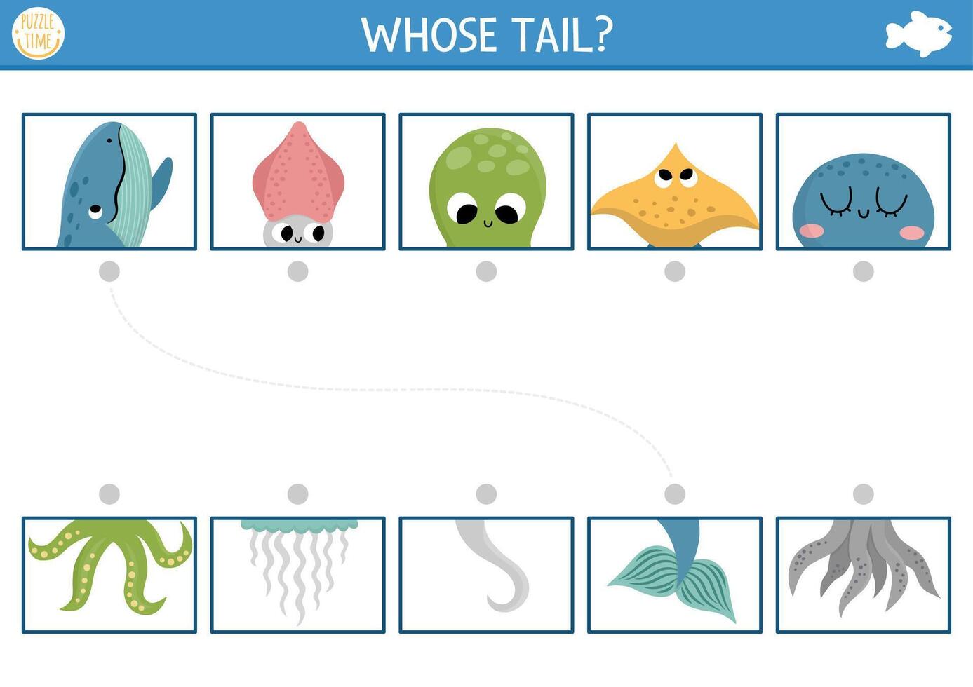 Under the sea connect the halves worksheet.  Matching game for preschool children with ocean animals. Match heads and tails activity with octopus, squid, jellyfish, whale, ray fish vector