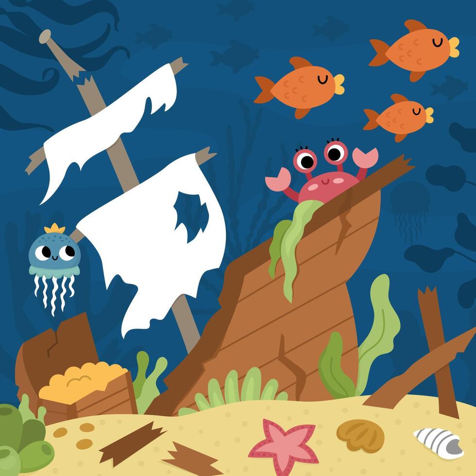 Vector under the sea landscape illustration with wrecked ship and treasure chest. Ocean life scene with sand, seaweeds, corals, reefs. Cute square water nature background. Shipwreck picture for kids