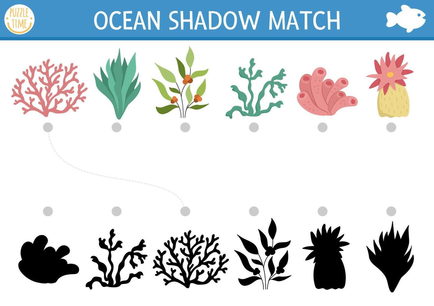Under the sea shadow matching activity. Ocean puzzle with cute seaweeds. Find correct silhouette printable worksheet or game. Water plants page for kids vector