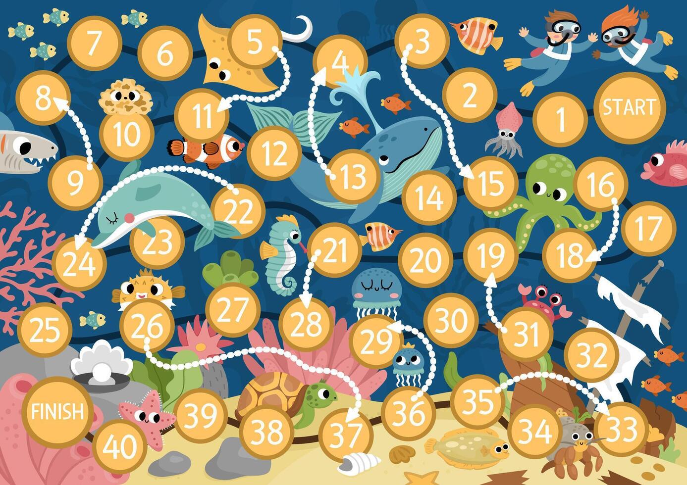 Under the sea dice board game for children with cute animals. Ocean boardgame with fish, wrecked ship.  Water adventures printable activity or worksheet. Help the divers get to the pearl vector