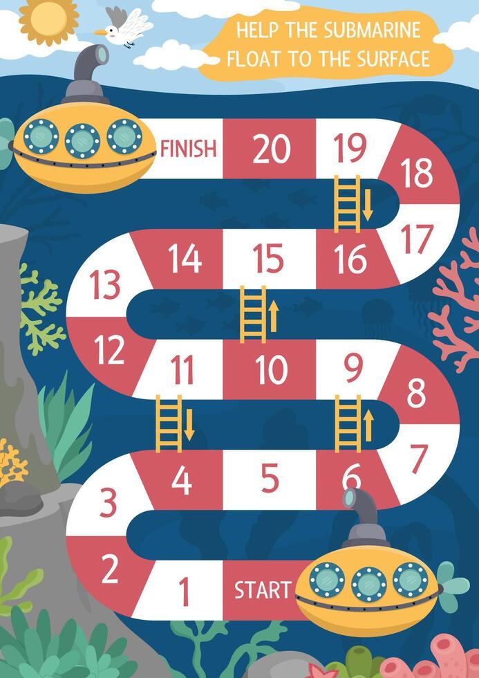 Under the sea dice board game for children with submarine. Ocean boardgame with reef, seaweeds.  Water adventures printable activity or worksheet. Help the boat float to the surface vector