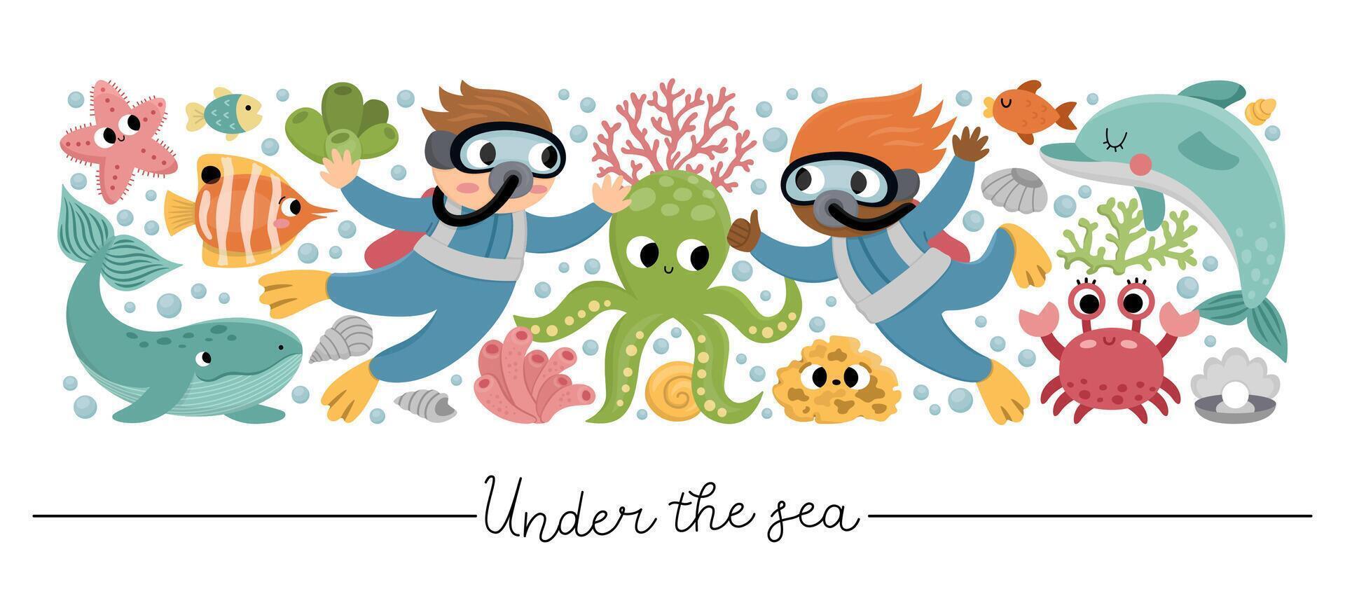 Vector horizontal under the sea border set with fish, divers. Ocean card template design with farm characters. Cute water animals border with dolphin, whale, octopus, star, crab