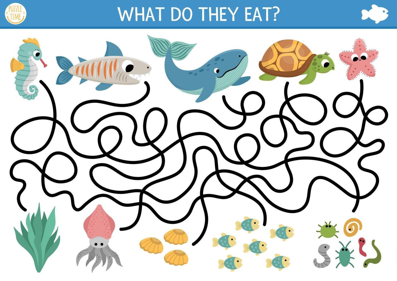 Under the sea maze for kids with turtle, whale, shark, seahorse, starfish. Ocean preschool printable activity with fish and their food. Water labyrinth game or puzzle. What do they eat vector