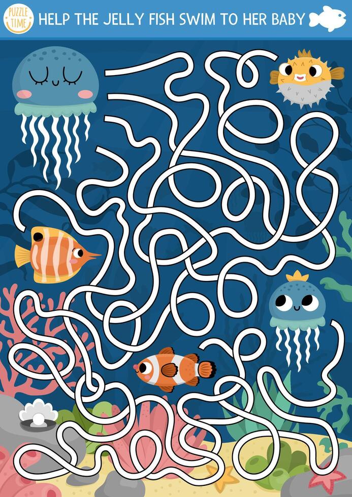 Under the sea maze for kids with marine landscape, jelly fish, clownfish, pearl. Ocean preschool printable activity. Water labyrinth game or puzzle. Help the jellyfish swim to her baby vector