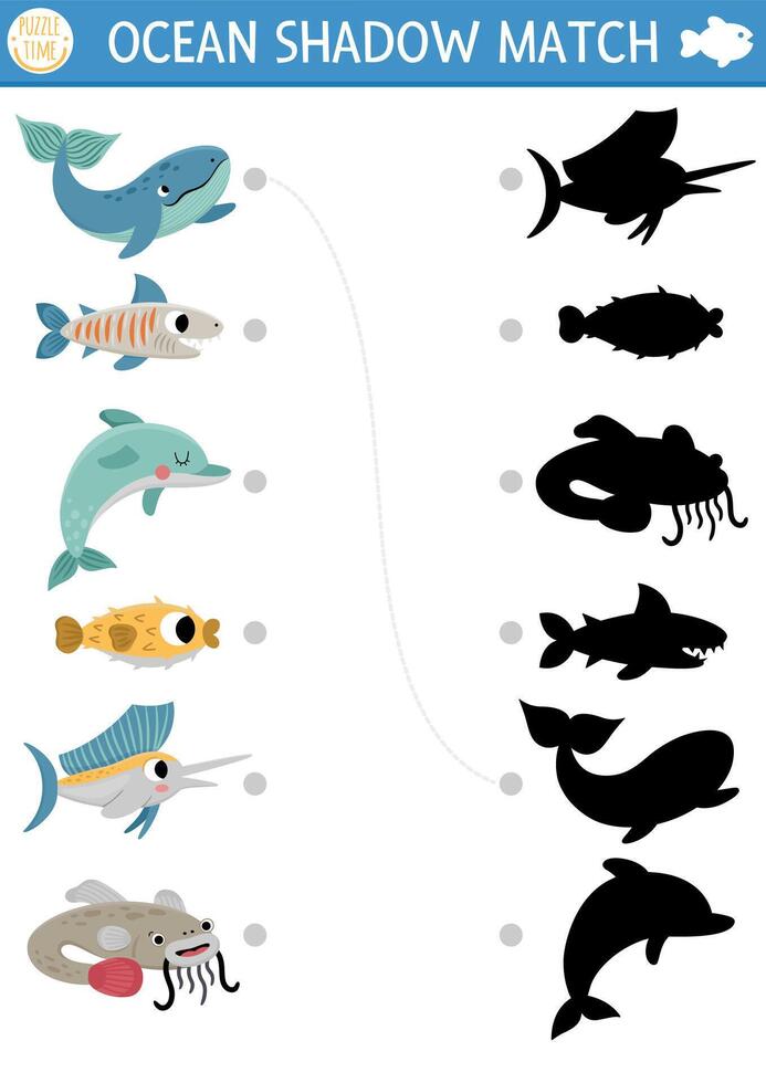 Under the sea shadow matching activity with fish. Ocean puzzle with cute whale, dolphin, shark, blowfish. Find correct silhouette printable worksheet or game. Water animals page for kids vector