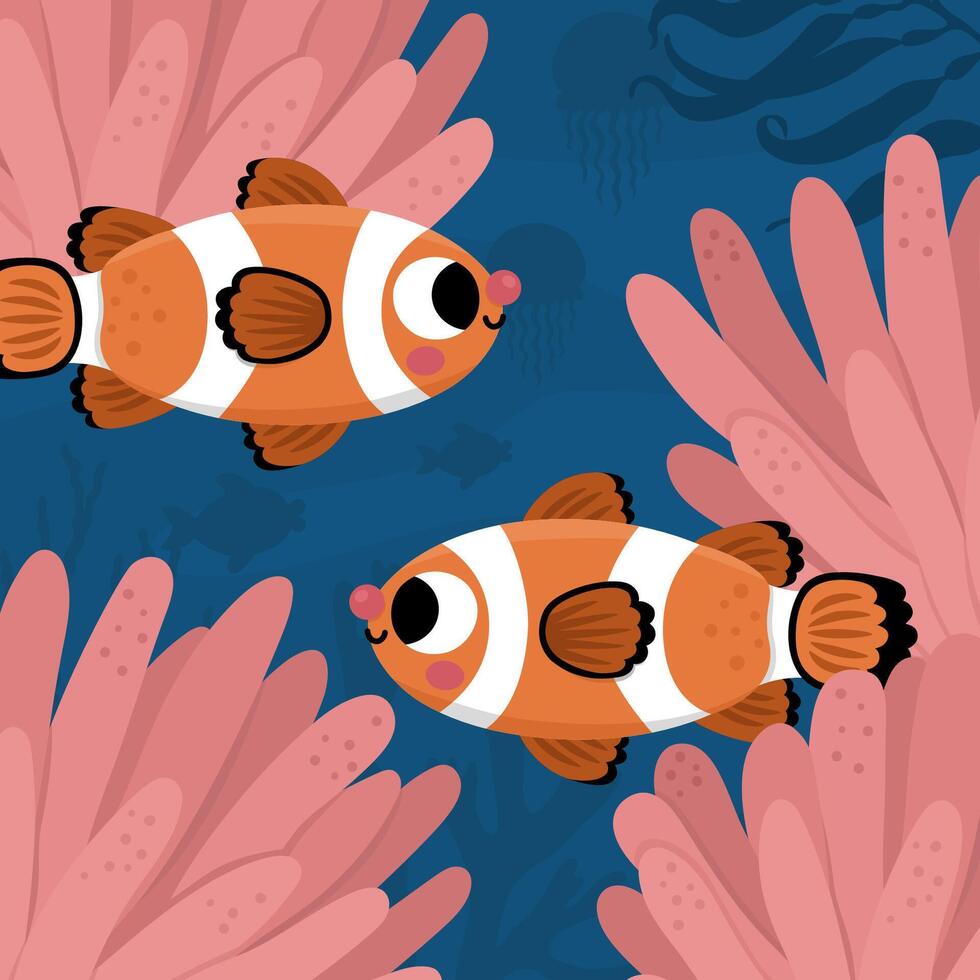 Vector under the sea landscape illustration with clown fish and actinia. Ocean life scene with sand, seaweeds, corals, reefs. Cute square water nature background. Aquatic picture for kids