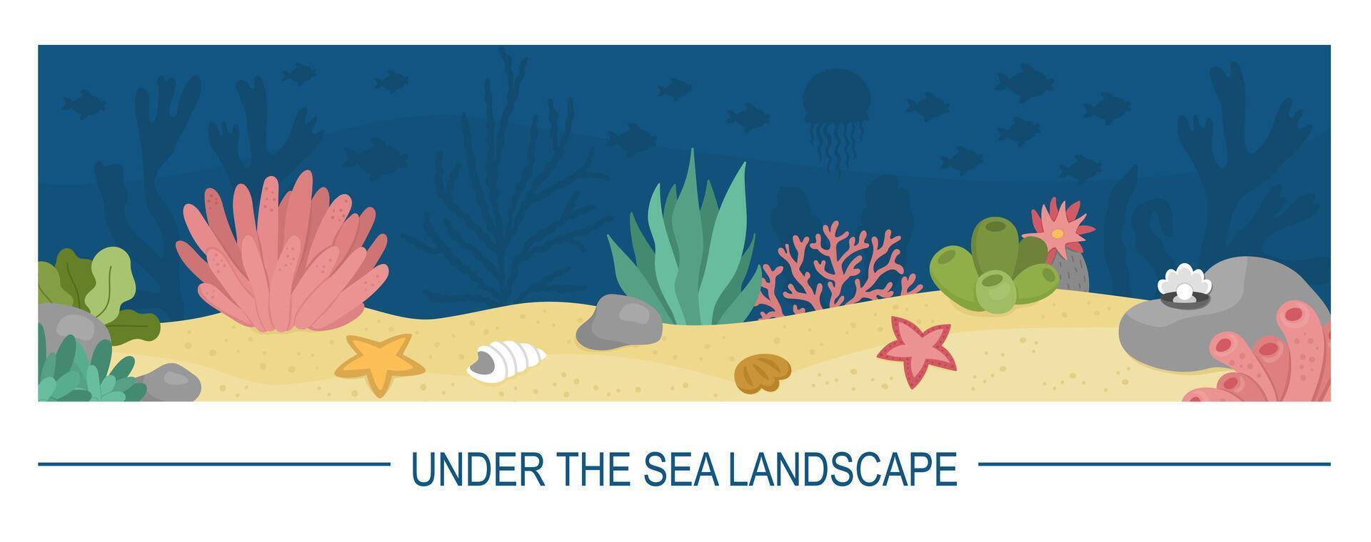 Vector under the sea landscape illustration. Ocean life scene with sand, seaweeds, stones, corals, reefs. Cute horizontal border water nature background. Aquatic picture for kids