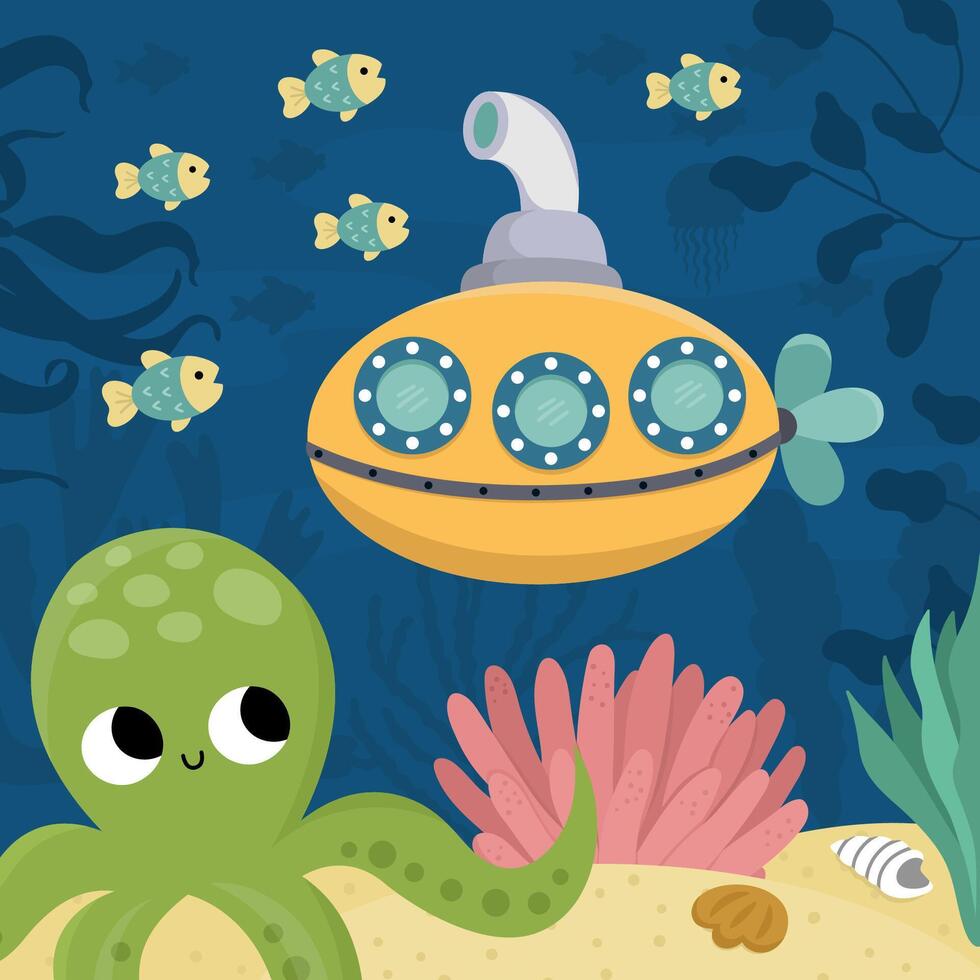 Vector under the sea landscape illustration with octopus and submarine. Ocean life scene with sand, seaweeds, corals, reefs. Cute square water nature background. Aquatic picture for kids