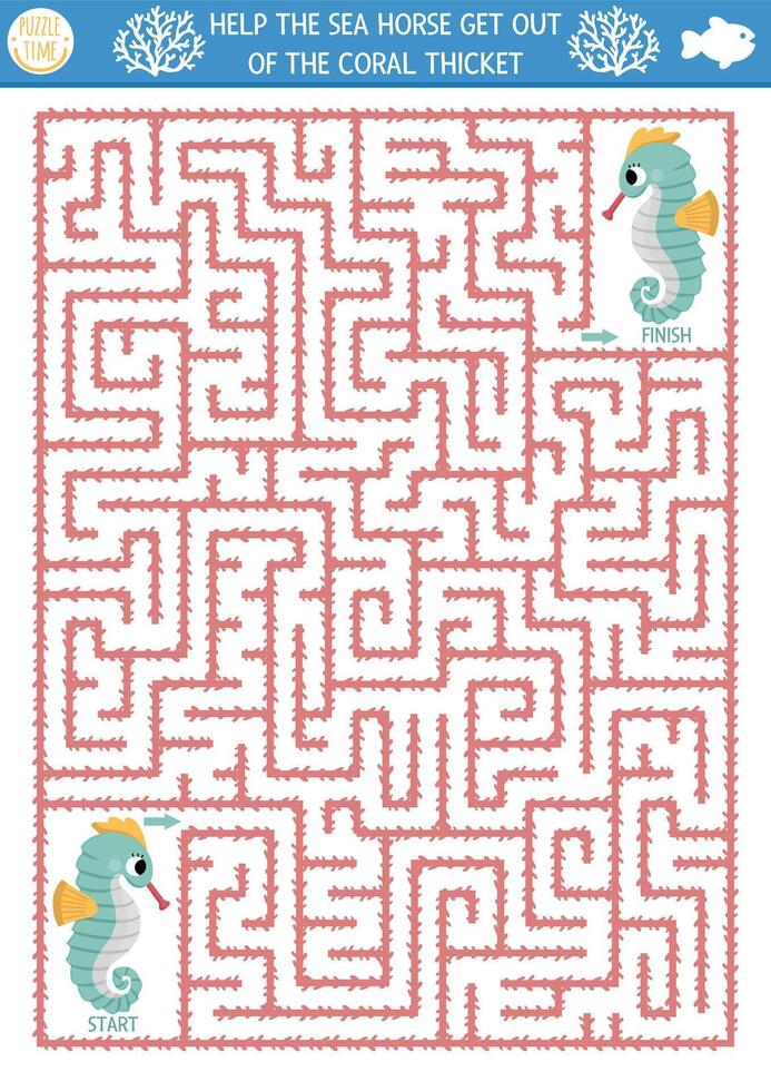 Under the sea geometrical maze for kids with seahorse. Ocean preschool printable activity. Water labyrinth game or puzzle. Help the sea horse get out of the coral thickest vector