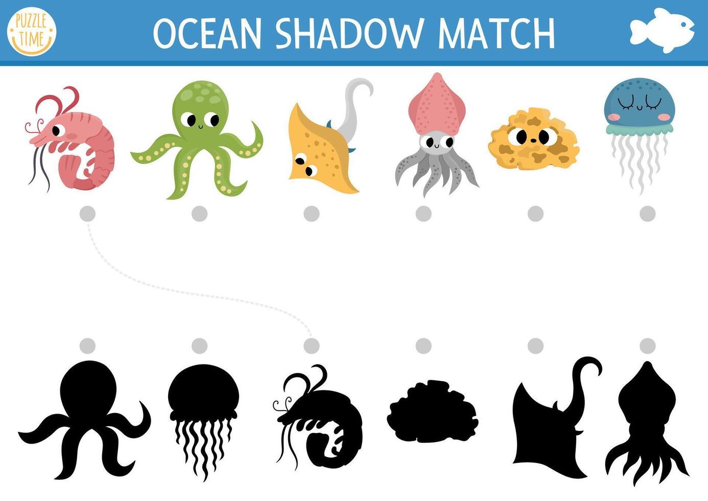 Under the sea shadow matching activity. Ocean puzzle with cute octopus, squid, jellyfish, ray fish, sponge. Find correct silhouette printable worksheet or game. Water animals page for kids vector