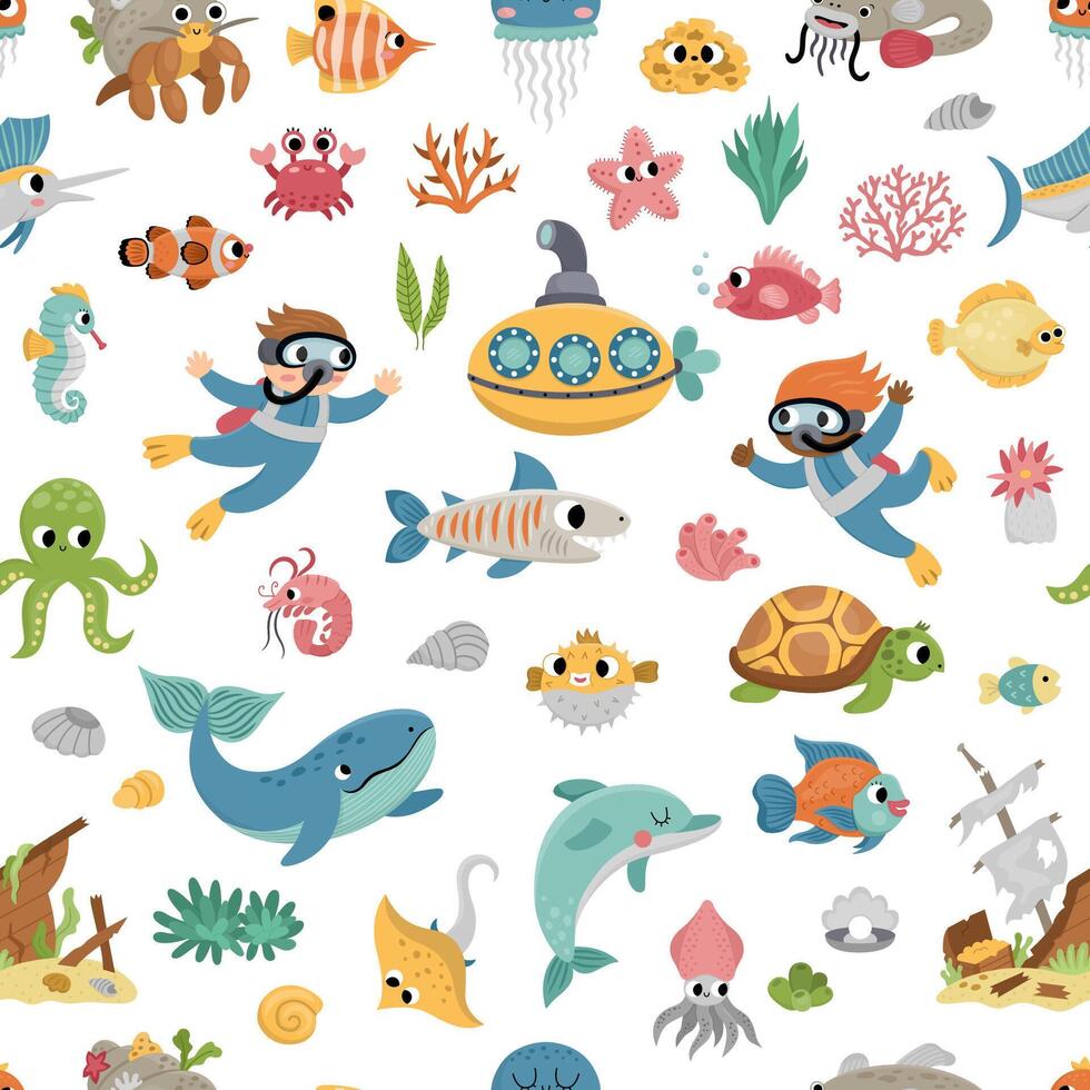 Vector under the sea seamless pattern. Repeat background with cute fish, seaweeds, divers, submarine. Ocean life digital paper. Funny water animals and weeds illustration with dolphin, whale