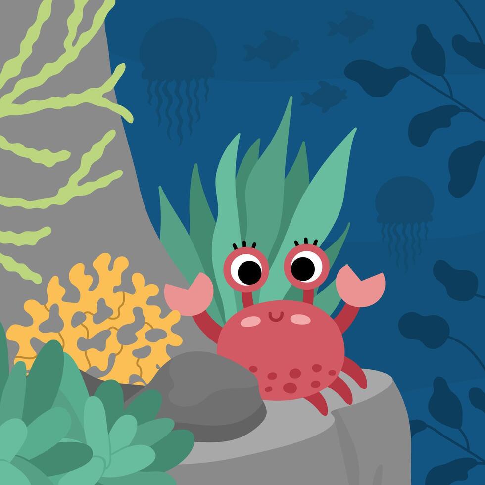 Vector under the sea landscape illustration with red crab on rock. Ocean life scene with reef, seaweeds, stones, corals, fish. Cute square water nature background. Aquatic picture for kids