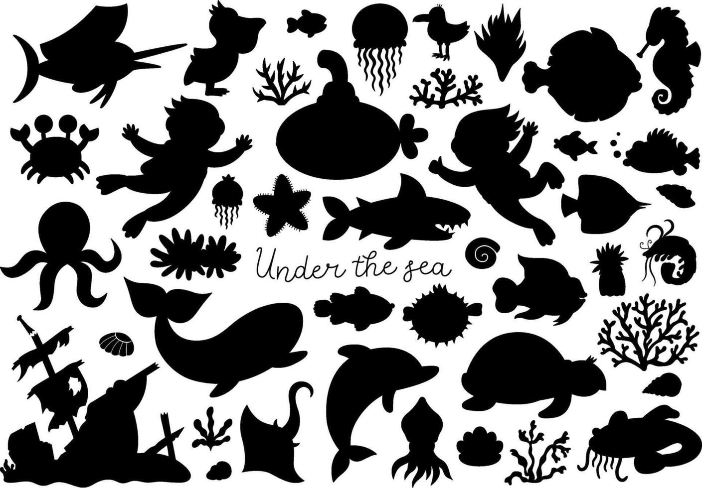 Vector under the sea silhouettes set. Ocean black icons collection with funny seaweeds, fish, divers, submarine. Cute water animals and weeds shadow illustrations with dolphin, whale, tortoise