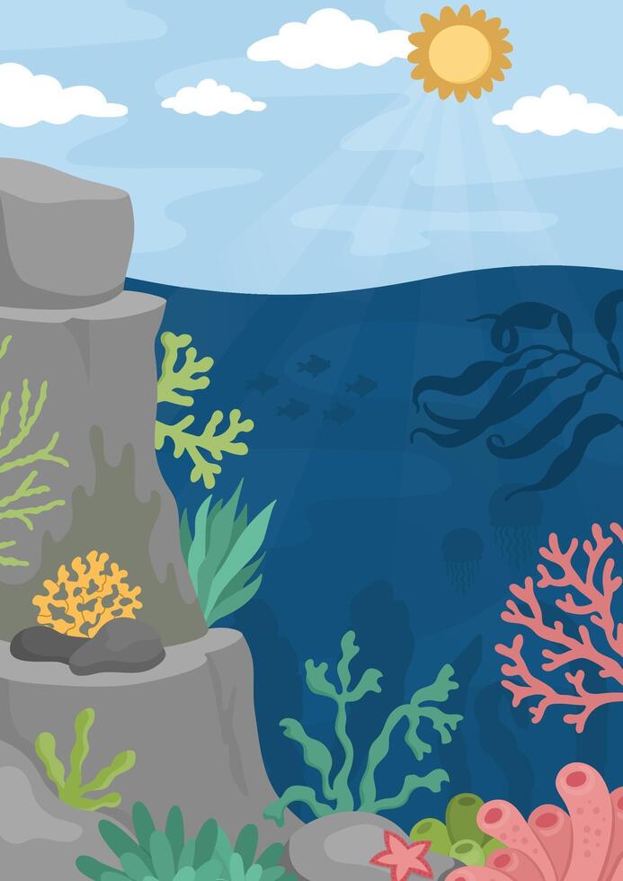 Vector under the sea landscape illustration. Ocean life scene with reef, seaweeds, stones, corals, fish, rocks. Cute vertical water nature background. Aquatic picture for kids with sky and sun