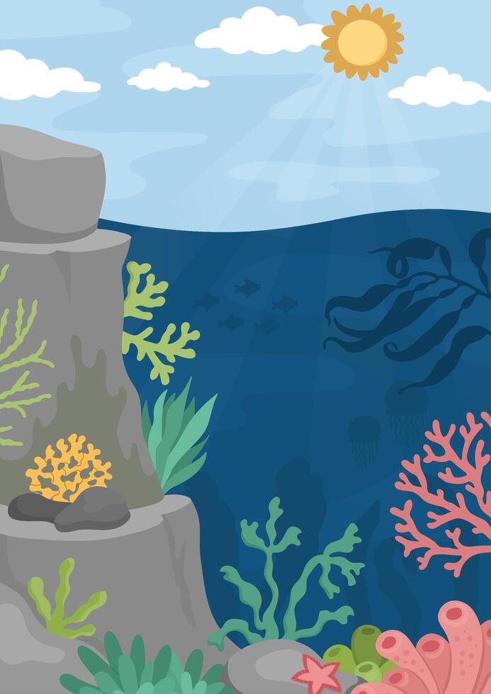 vector debajo el mar paisaje ilustración. Oceano vida escena con arrecife, algas, piedras, corales, pez, rocas linda vertical agua naturaleza antecedentes. acuático imagen para niños con cielo y Dom