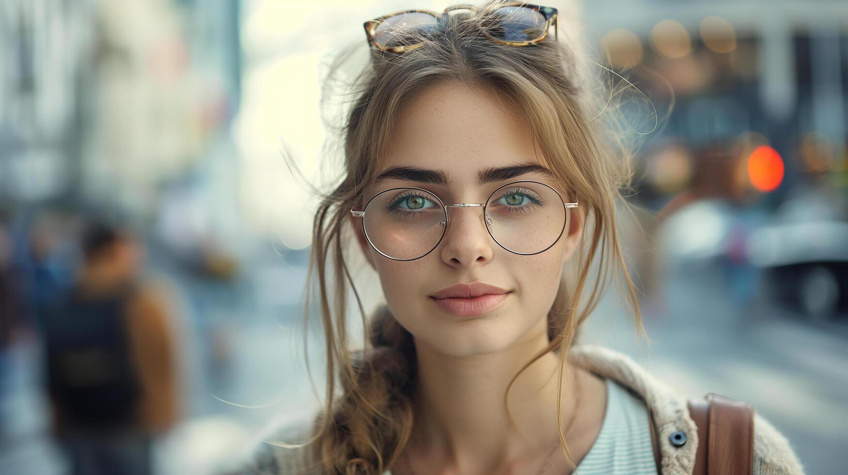 AI generated a young woman in glasses on busy city street photo