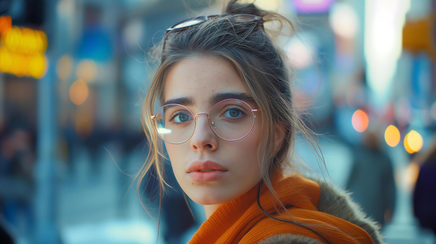 AI generated a young woman in glasses on busy city street photo