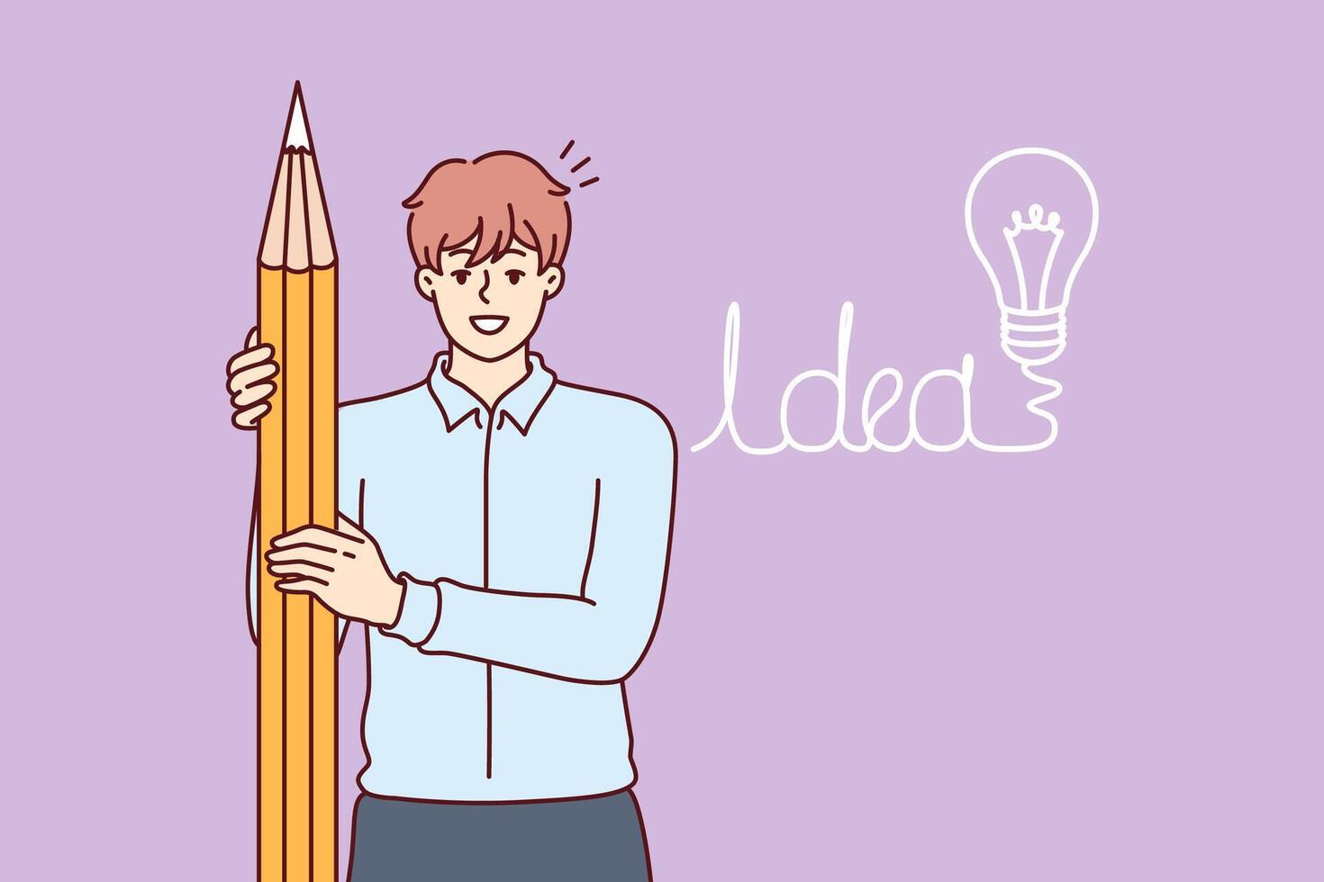 Business man has come up with idea and holding giant pencil, standing near drawing of light bulb vector