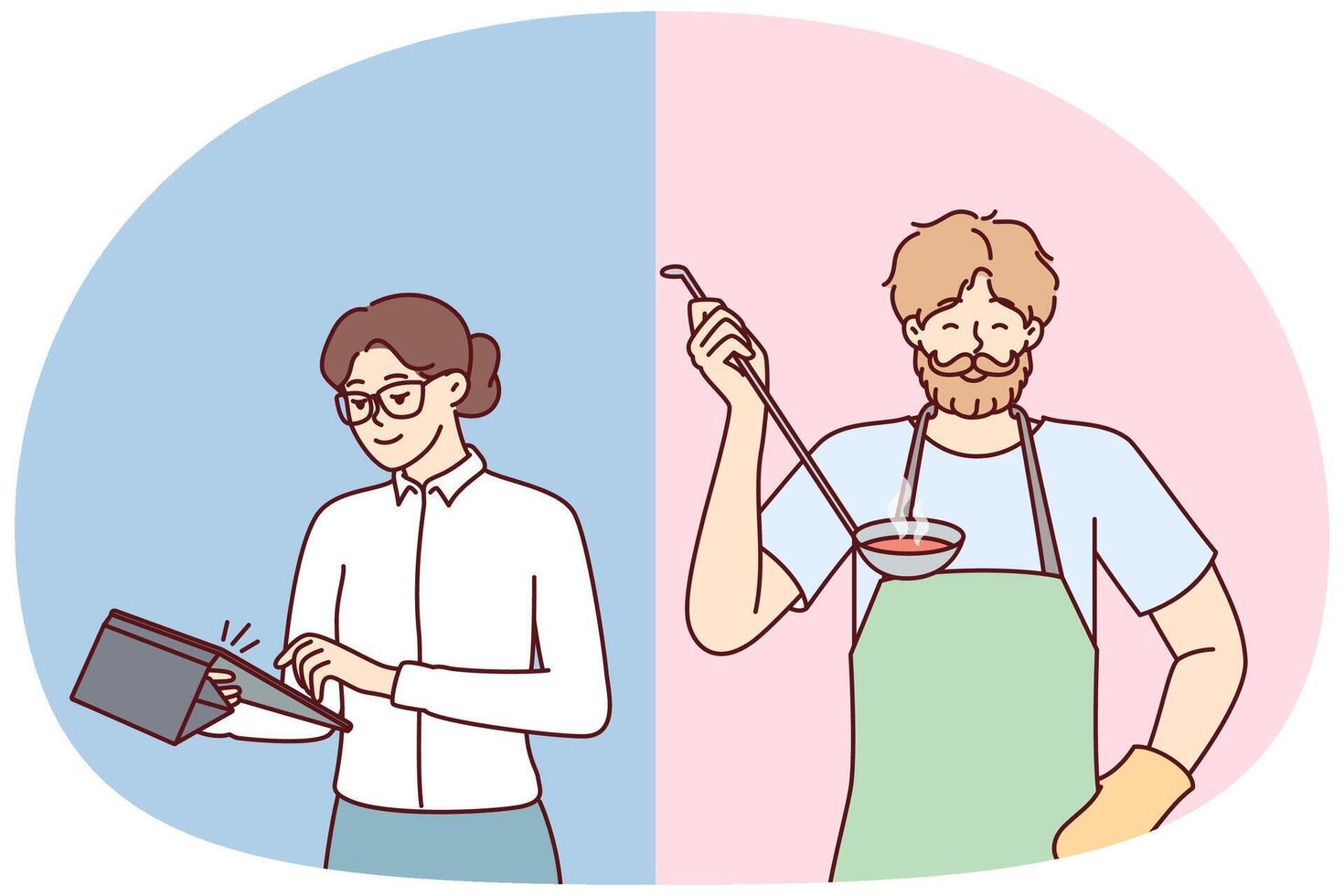 Brutal man preparing food for family while woman doing business or working in office vector