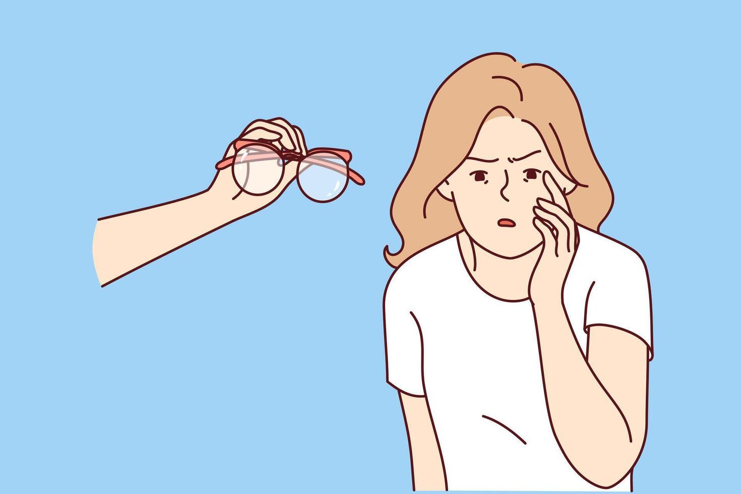 Blind woman with poor vision looks closely at small text, standing near hand with glasses vector