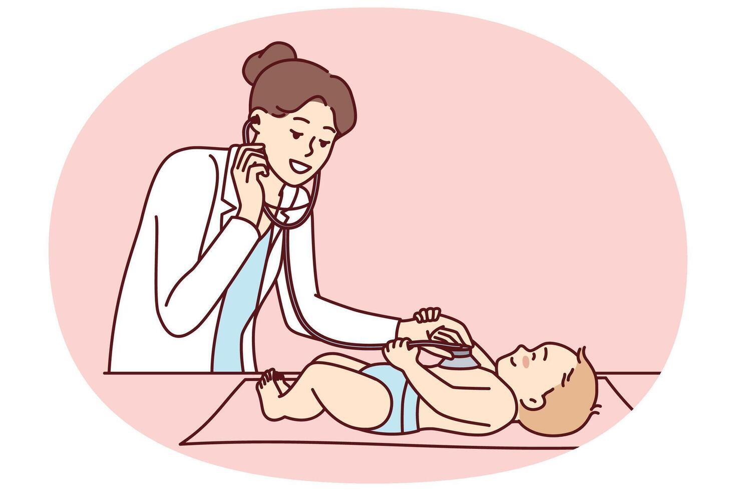 Woman pediatrician using stethoscope to listen to heartbeat of nursing baby vector