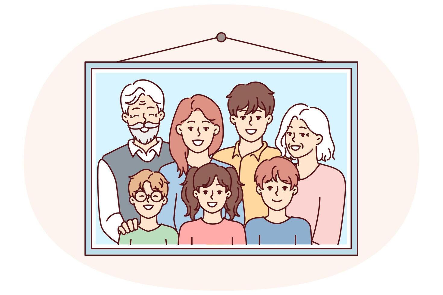 Family photo portrait in frame with children and gray-haired grandparents on wall. Vector image