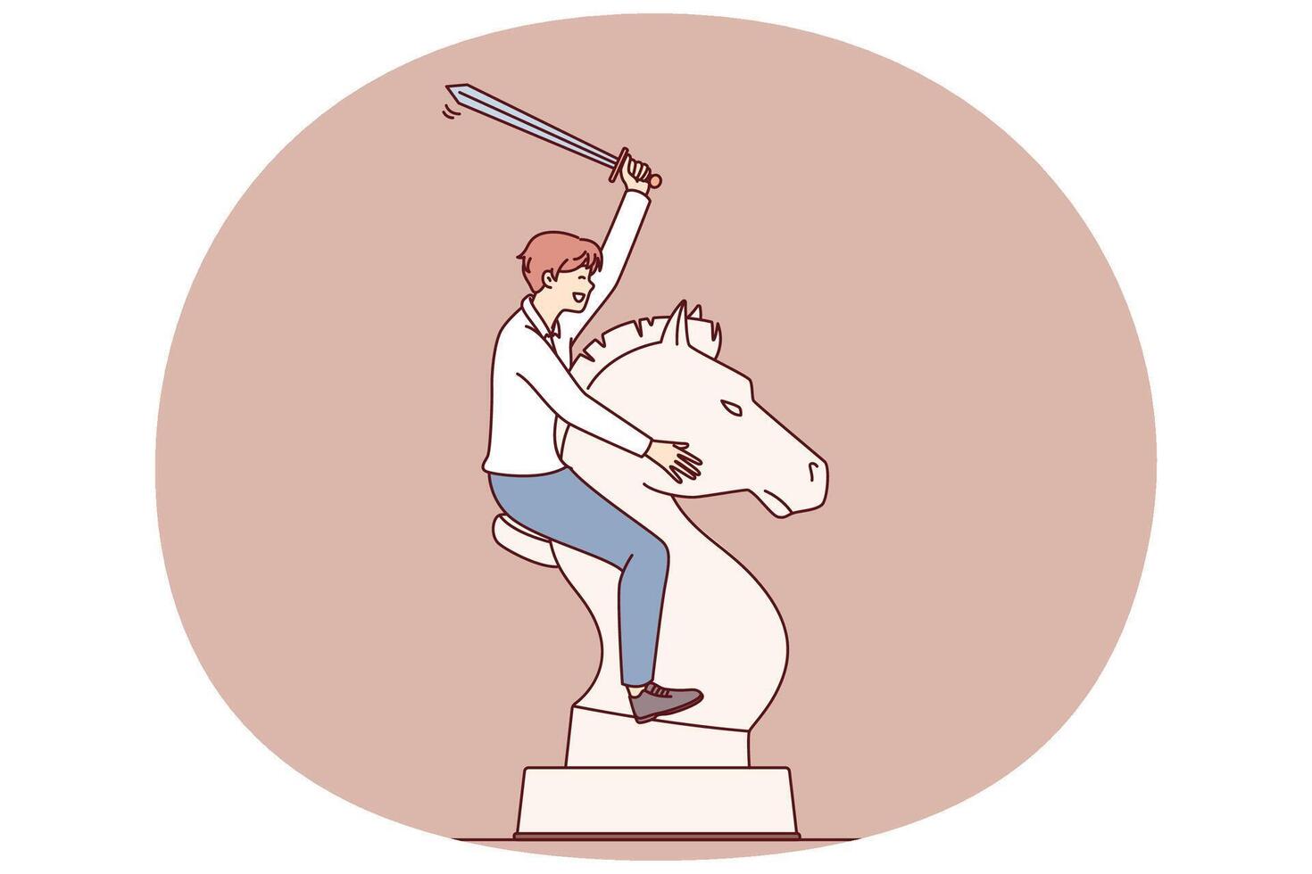 Man with sword astride huge horse chess piece symbolizes determination vector