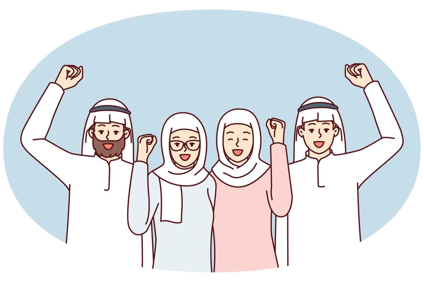 equipo de personas en Arábica ropa hacer victoria gestos alegrarse a puesta en marcha éxito vector