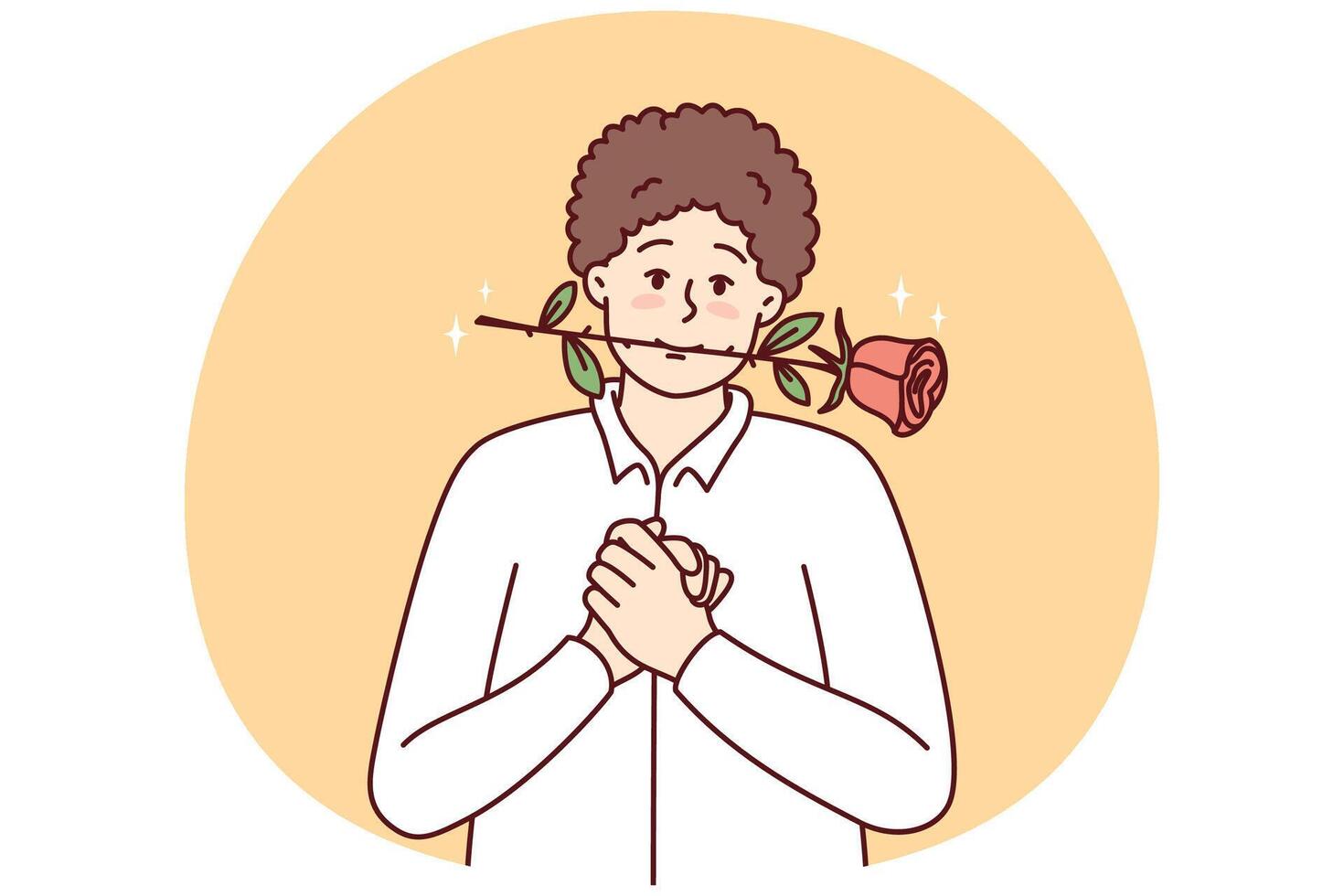 Timid young guy with rose in mouth clenching palms in front of chest vector