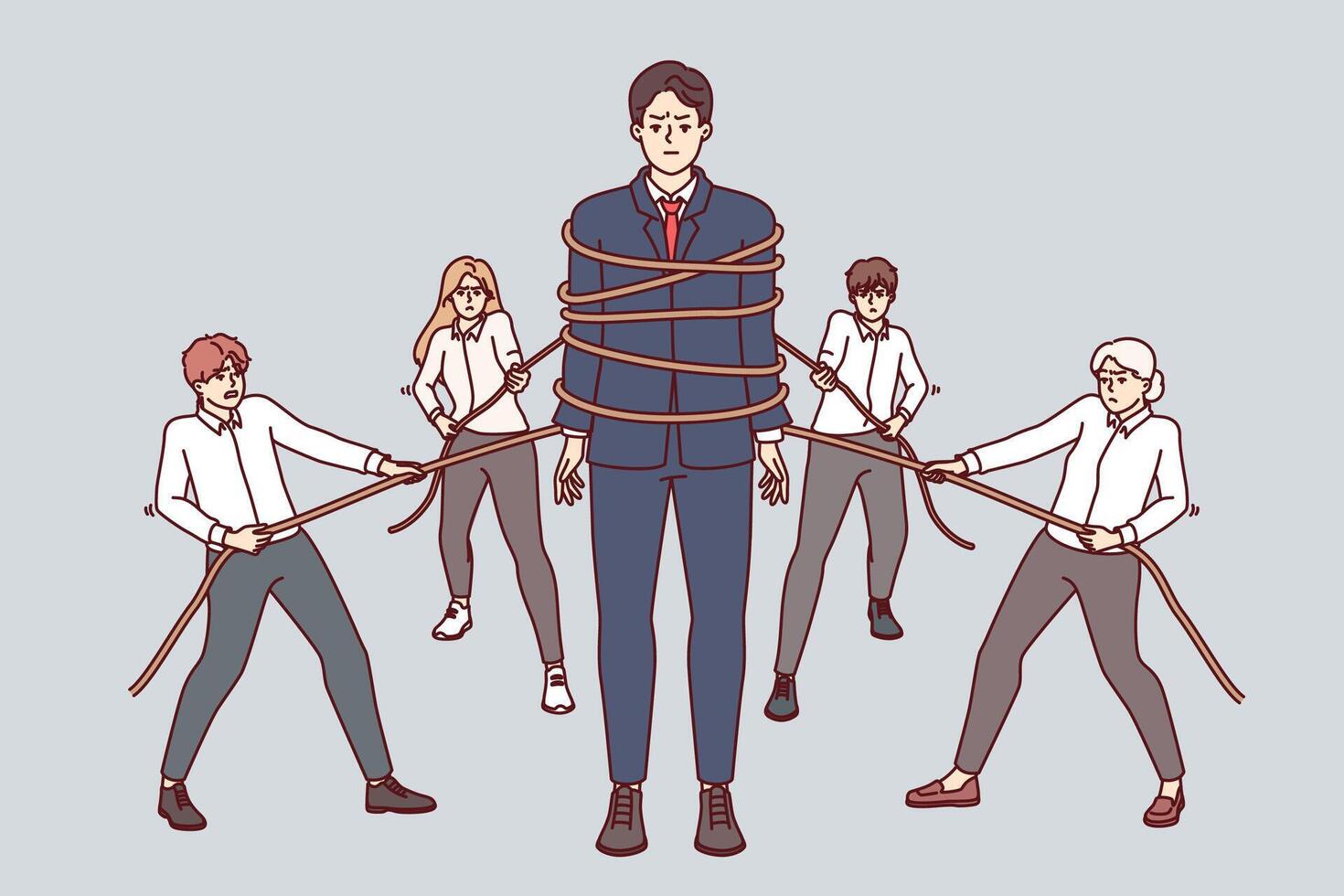 trabajo en equipo negocio personas con cuerdas, juntos creando fuerte colega a resolver corporativo problemas vector