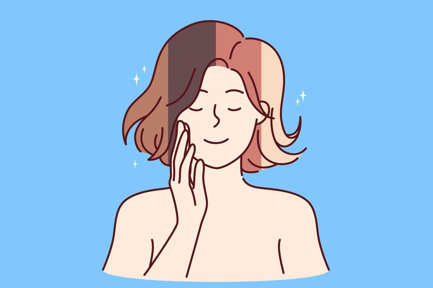 Woman with multi-colored hairstyle is considering changing image and choosing new hair dye vector