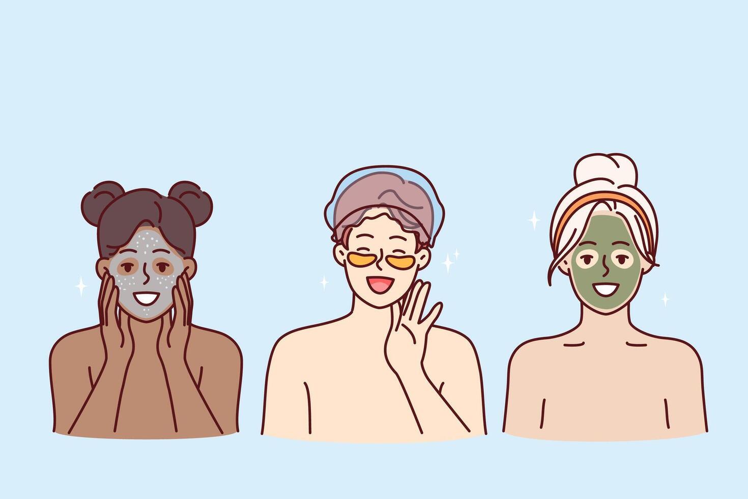 Cosmetology and SPA procedures for two women and man making rejuvenating masks from clay and cream vector