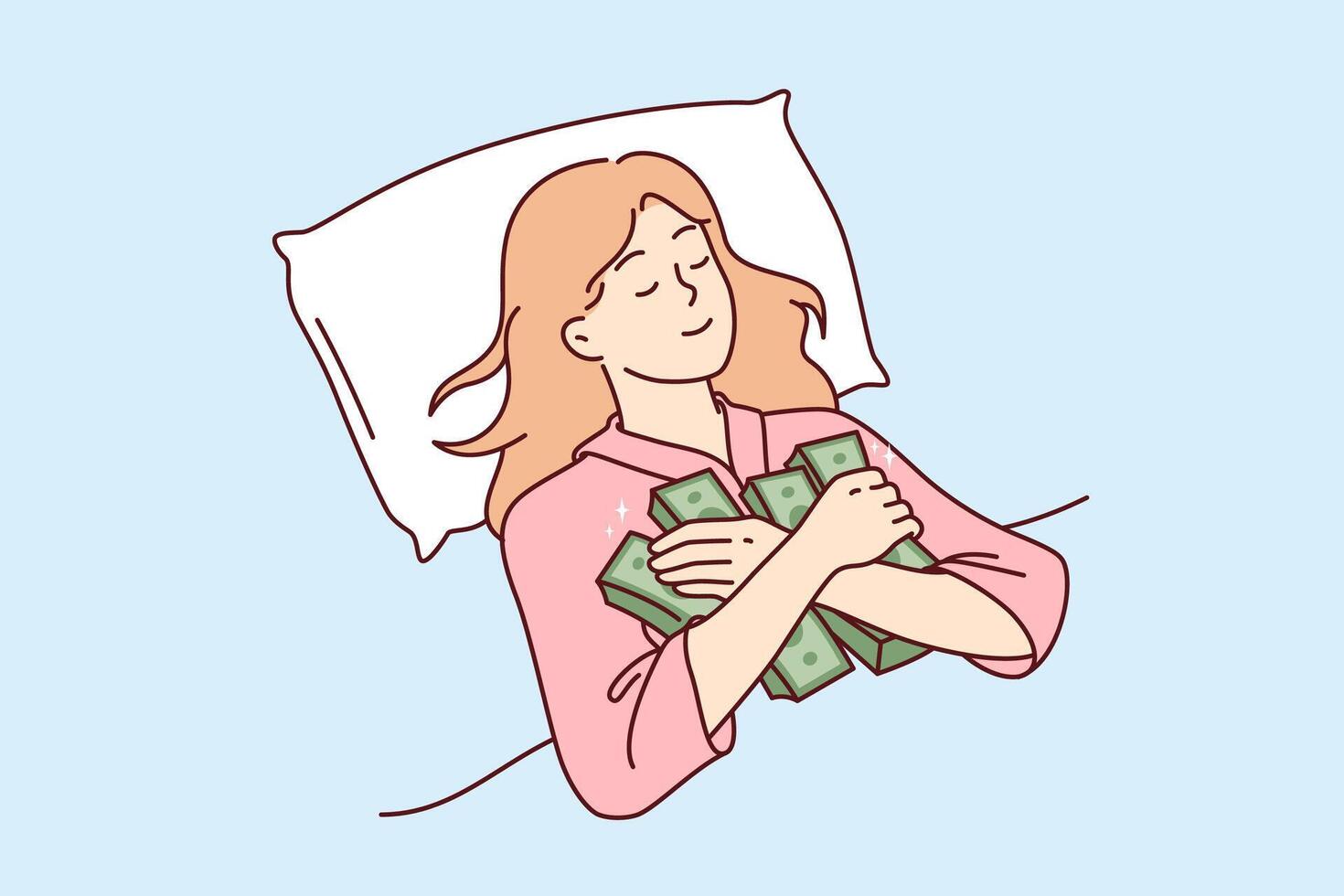 Woman sleeps hugging stacks of money, afraid to part with earned capital and put savings in bank vector