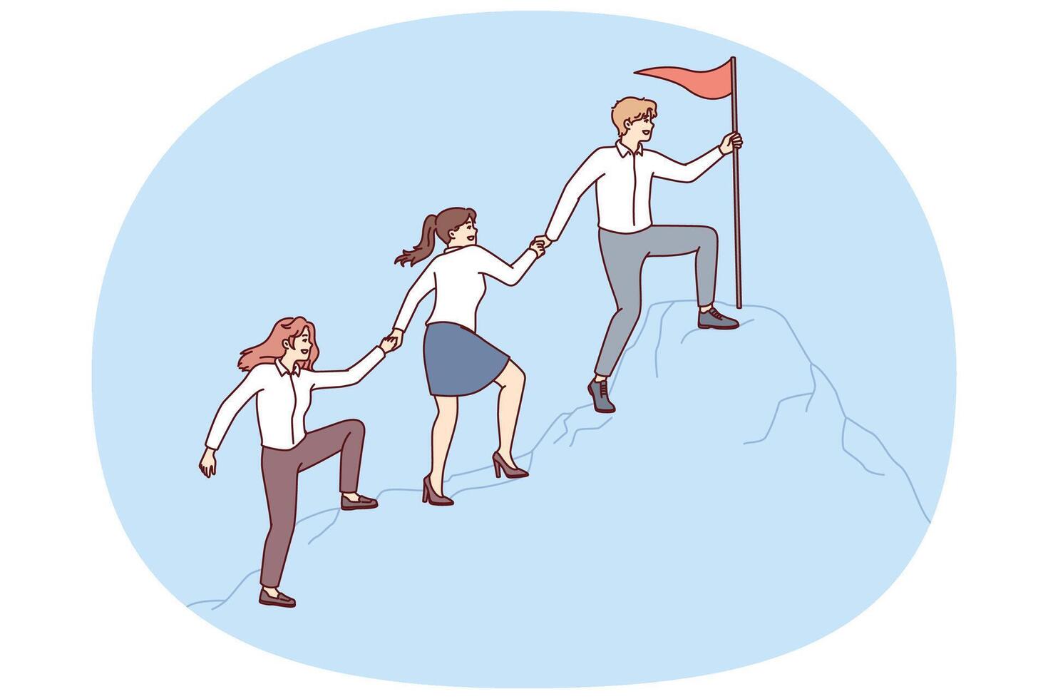 People in business attire climb mountain holding hands to reach flag at top vector