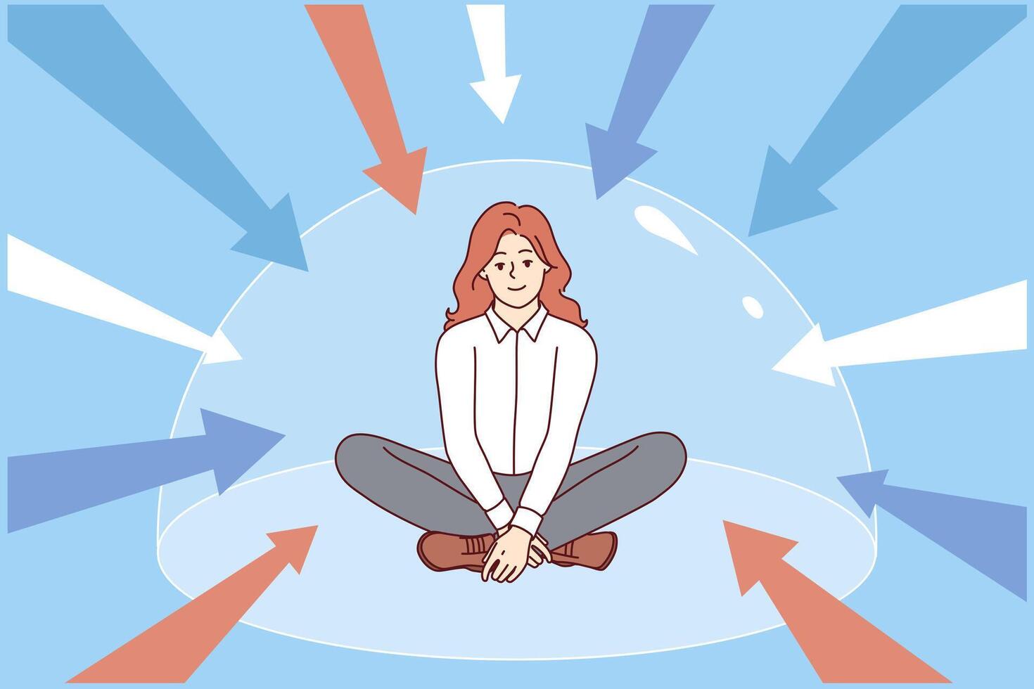 Woman sits in dome protecting from external negative influences, for concept of good mental health vector