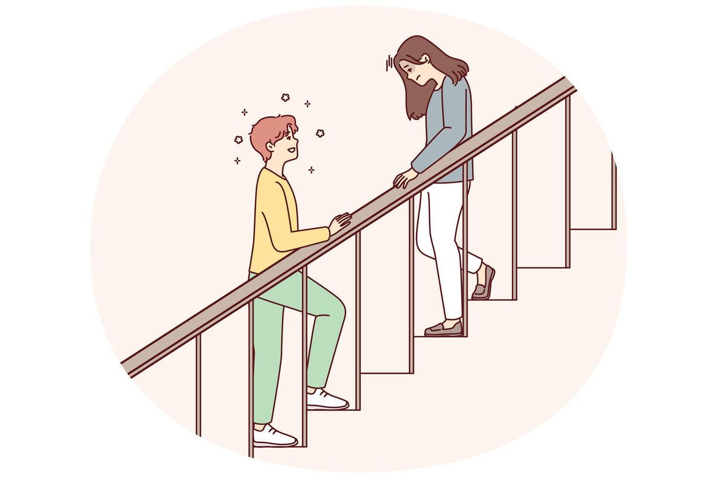 Woman with head down goes down stairs and man is waiting for beloved girlfriend vector