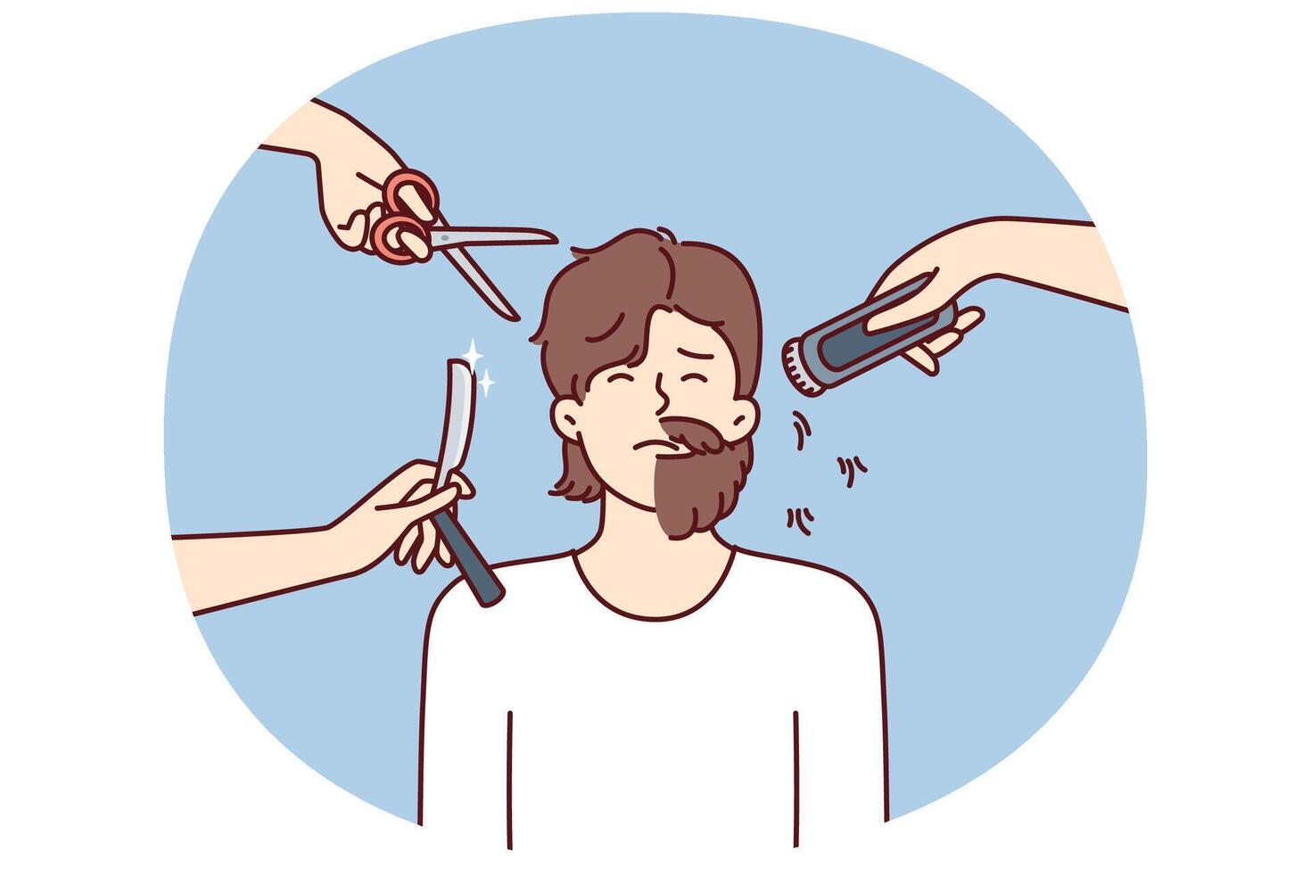 Hands with scissors and shaving devices around man with partially trimmed beard vector