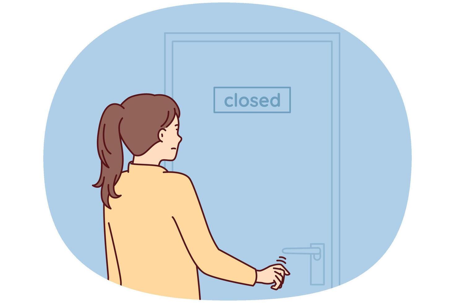 Indecisive woman pulls hand to door with inscription closed stands with back to screen vector