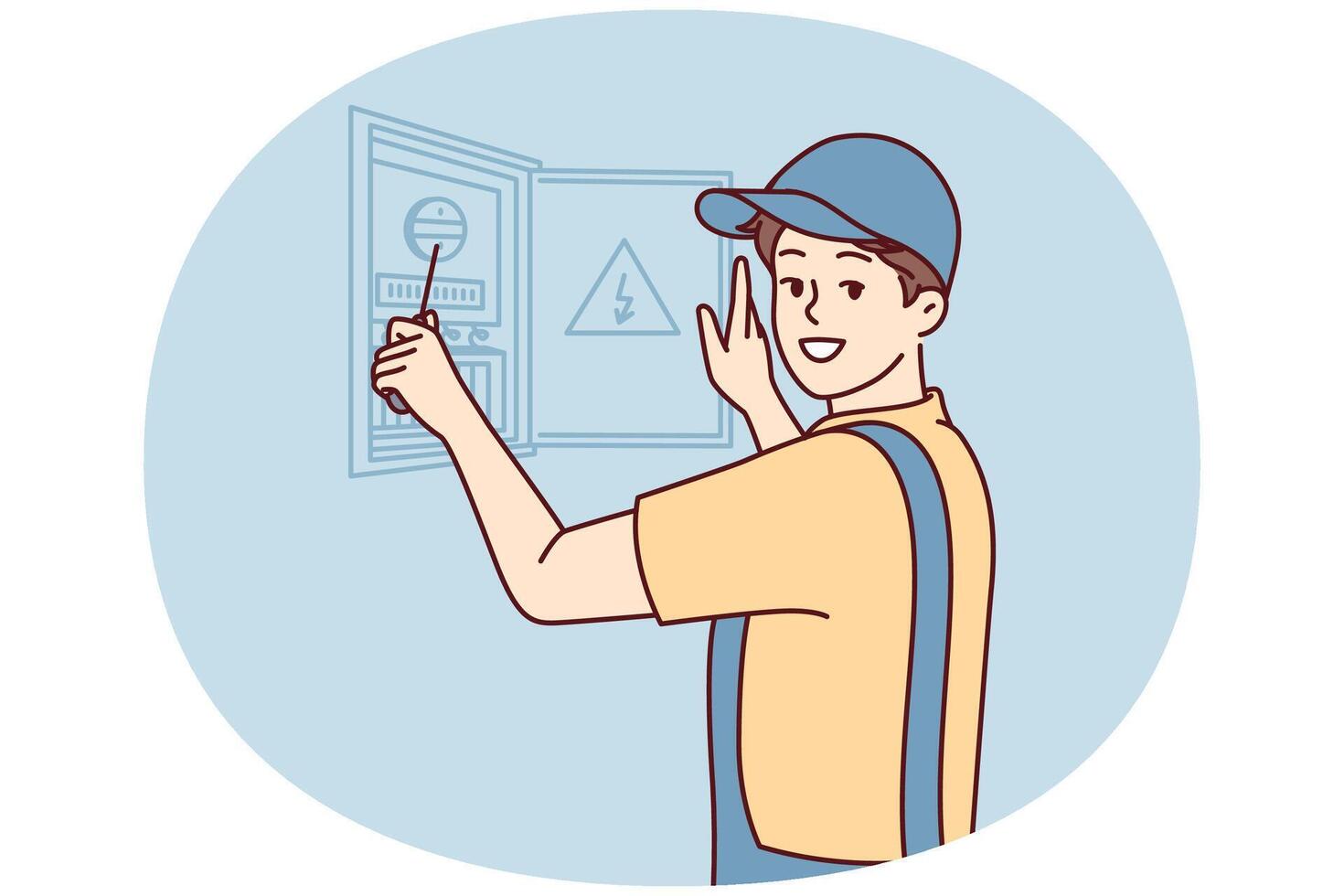 Man electrician is engaged in repair electrical appliances by opening electrical panel. Vector image