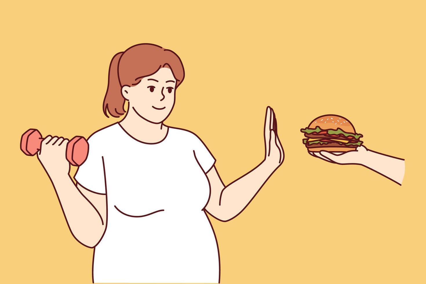 talla grande mujer va en dieta, molesto a obtener eliminar exceso peso, dando arriba hamburguesa y levantamiento pesa vector