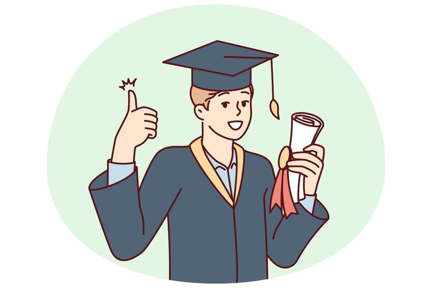 Graduate guy in academic gown and hat holds bundle with diploma and shows thumbs up vector