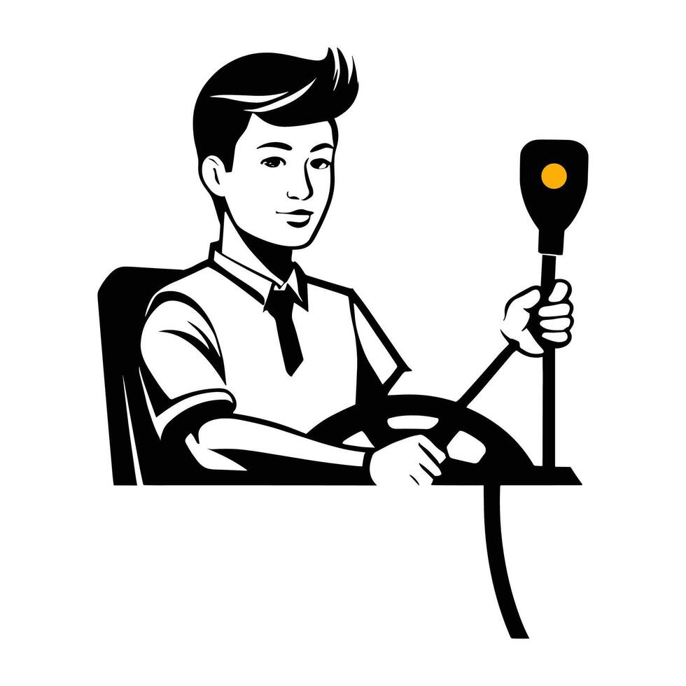 Vector black and white illustration of man driving car with steering wheel and microphone mike