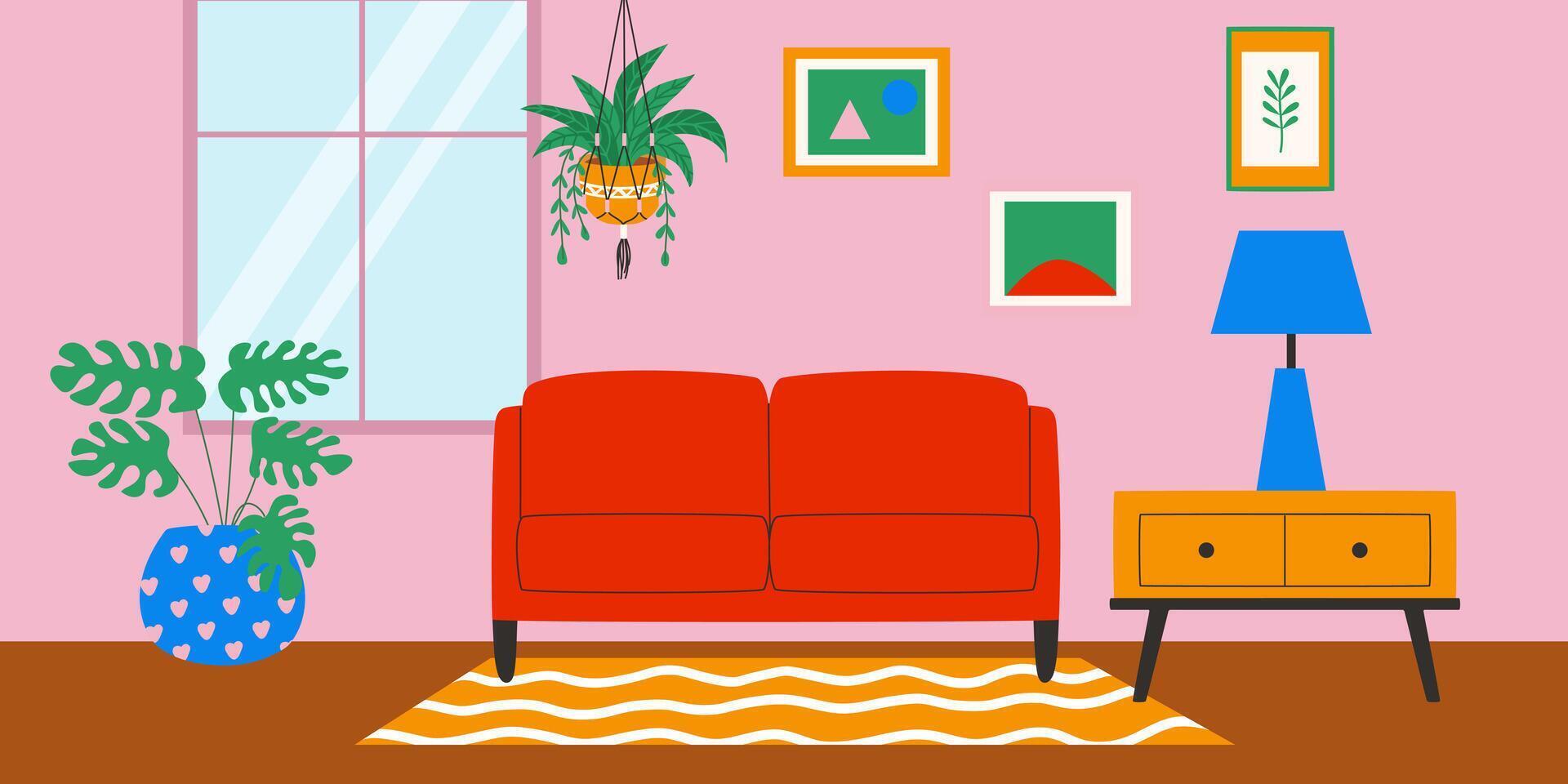 Interior of living room with window and plants. Vector illustration.