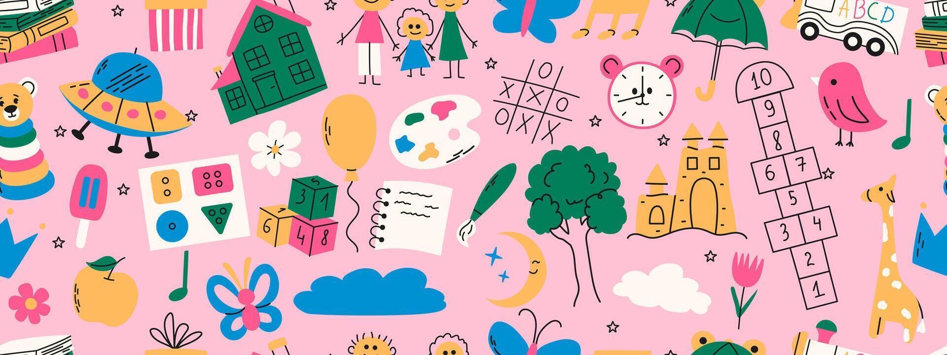 Colorful seamless pattern with daycare doodle. Book, hopscotch, toys, flower, umbrella, house, clock and other elements. vector