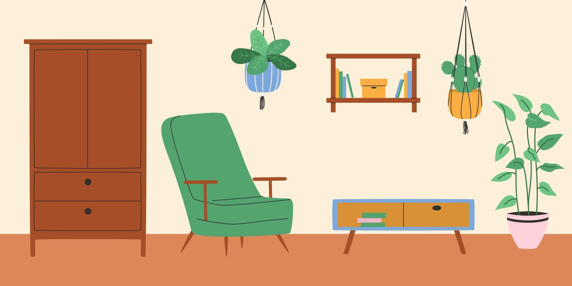 Living room with armchair and macrame plant. Vector illustration.