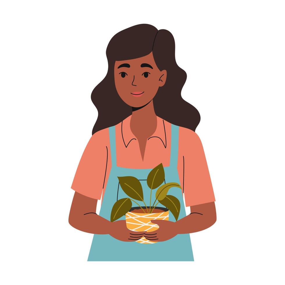 Happy woman in apron with flower pot in her hands. Urban gardening. Vector illustration.