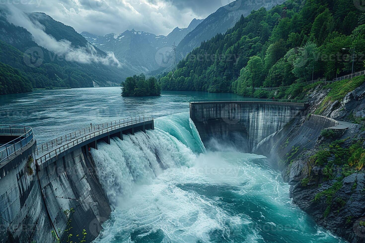 ai generado hermosa ver de río en montaña Valle con hormigón represa cerca verde bosque debajo nublado cielo foto